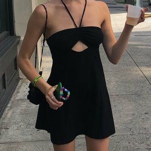 H&M black mini summer dress with halter top and cinch material keyhole style